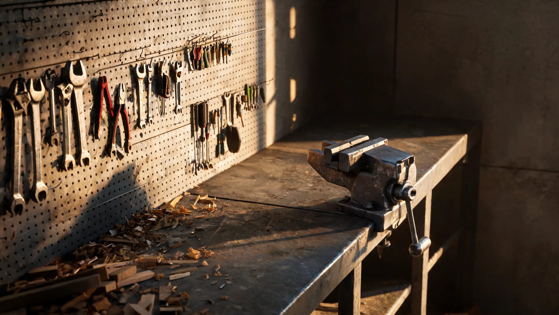 Shop corner with a pegboard wall, a bench vice and shavings on the floor
